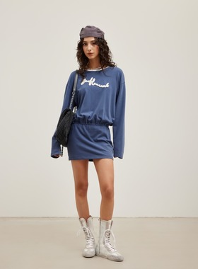 JAC FLEURANT 26春夏新款绳绣LOGO藏青色收腰连衣裙