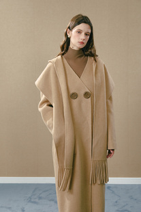 GUO 大衣羊毛毛呢外套女 JINGYI25秋冬浅驼色流苏连帽围巾V领长款