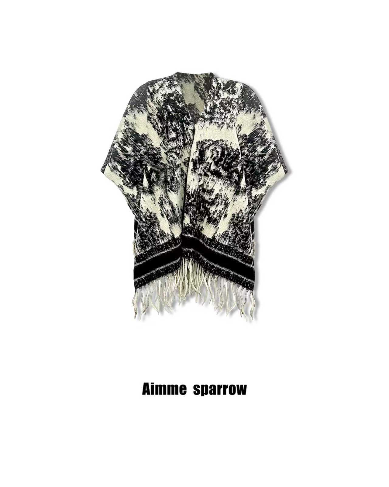 Aimme sparrow 26春夏流苏水墨画披肩时尚优雅气质针织