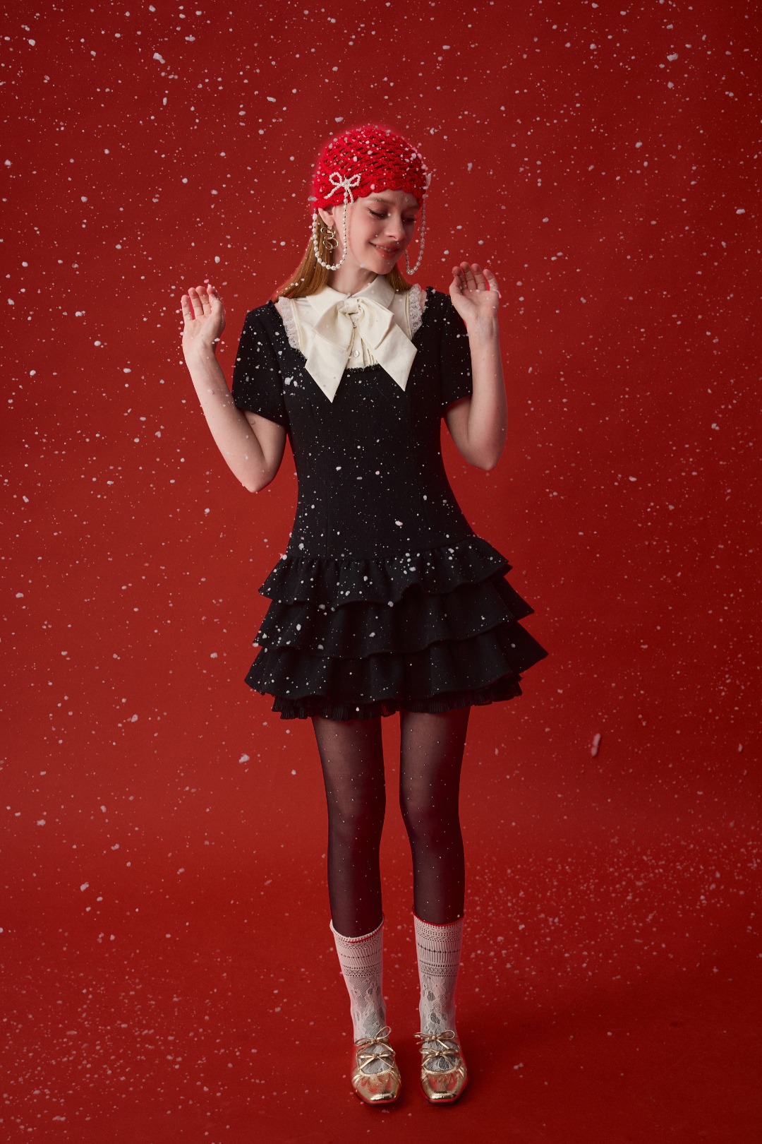 EIMISMOSOL 26春夏中长款短袖毛呢撞色连衣裙时尚潮流百搭女裙