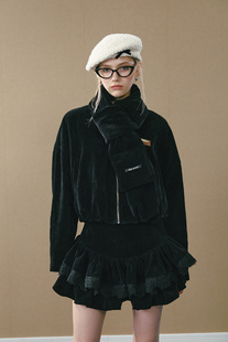 GUO JINGYI25秋冬黑色灯芯绒鹅绒外套蕾丝蓬蓬半裙花边羽绒服短款