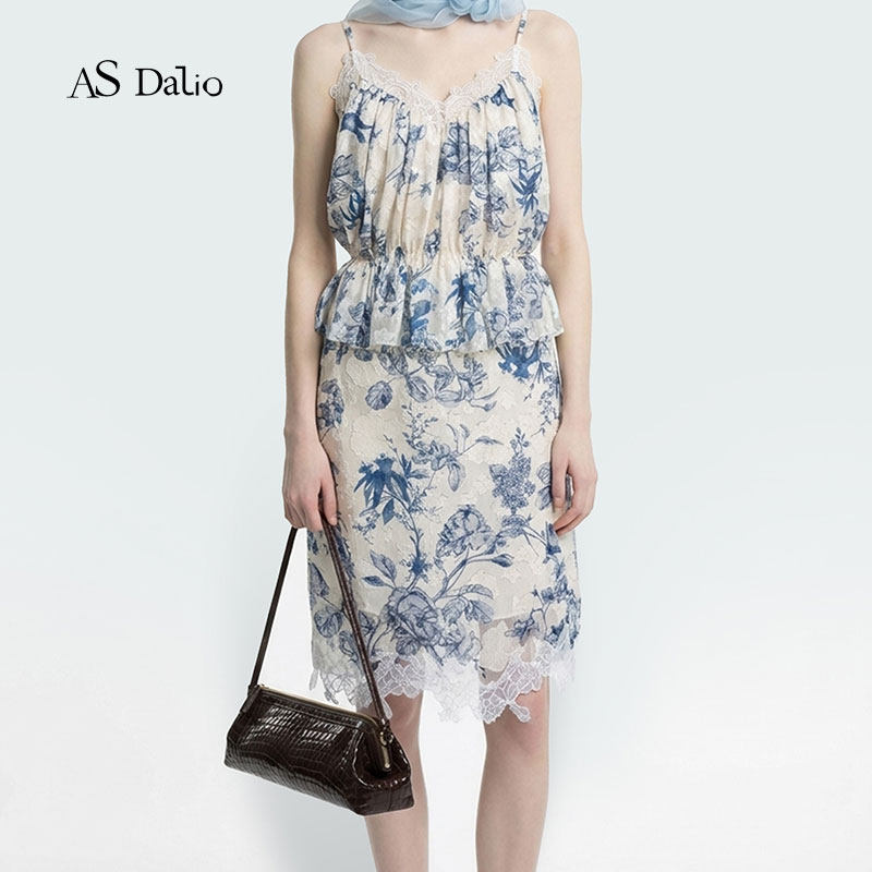ASDalio青花瓷提花吊带短款上衣