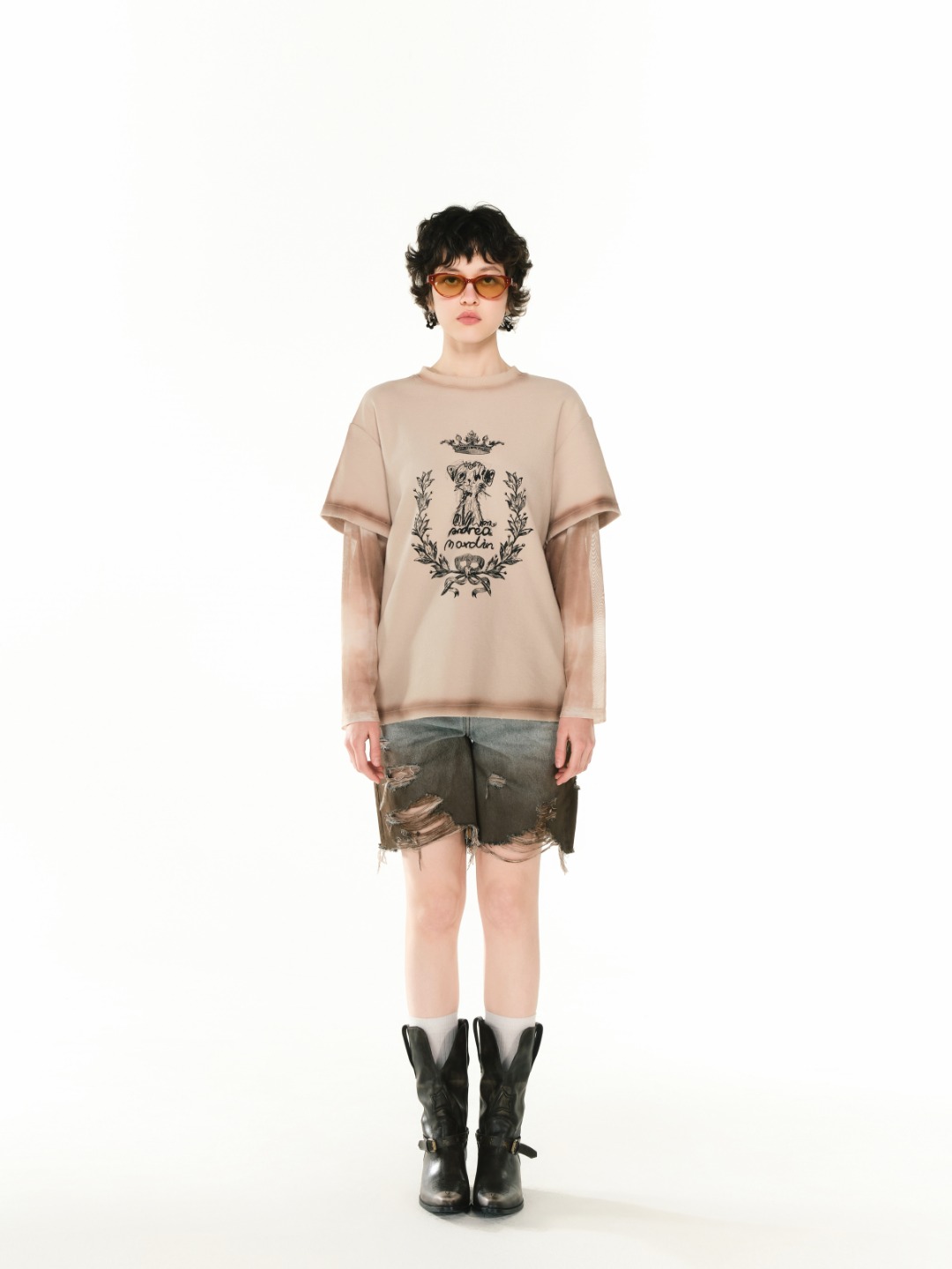 Andrea Martin25春夏新品卡其色喷色假两件T恤时尚潮流街头前卫女