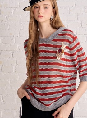 Aimme sparrow 25秋冬细节聚焦兔子红色条纹短袖帽衫时尚通勤百搭