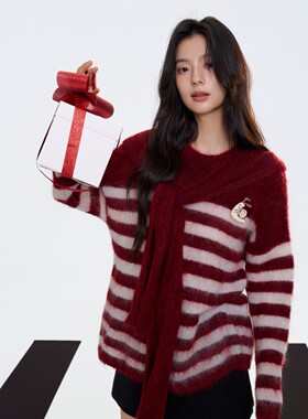 Aimme sparrow 26春夏红色蜗牛时尚毛衣条纹慵懒软糯针织毛衫套头