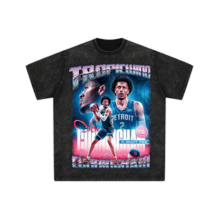 球星T恤美式水洗宽松嘻哈重磅复古短袖底特律活塞状元凯德坎宁安