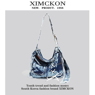 XIMCKON原创做旧复古水洗牛仔包废土风大容量单肩大包包女斜挎包