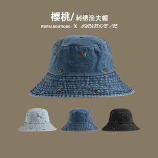 樱桃牛仔渔夫帽女休闲时尚显脸小遮阳帽刺绣百搭防晒太阳帽