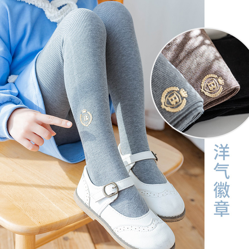 女童打底裤春秋款纯棉薄款儿童打底袜徽章连裤袜抗起球竖条踩脚裤