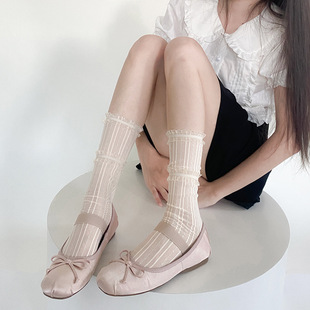 网红同款网纱薄款夏季漫画腿小腿袜子白色蕾丝双层花边中筒堆堆袜