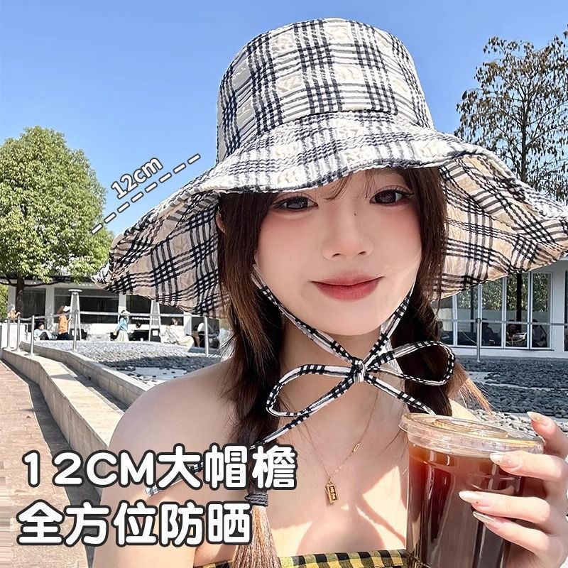 韩版格子防晒渔夫帽简约减龄