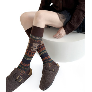 秋冬双针双路小熊堆堆小腿袜微压显瘦咖色袜子女棉质百搭配勃肯鞋