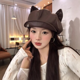 可爱卡通猫耳朵贝雷帽皮质女秋冬甜酷风文艺显脸小云朵画家帽子