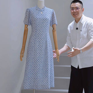 杰唯卡新中式旗袍连衣裙26夏季新款雪纺波点收腰气质改良版中长裙