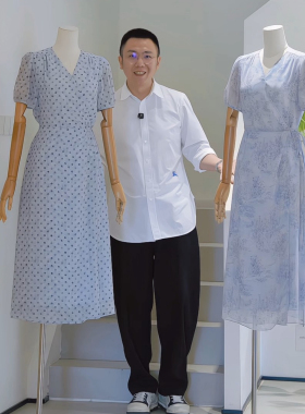 杰唯卡 莫奈花园蓝色茶歇裙女2026夏季V领泡泡袖收腰显瘦连衣裙