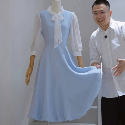 杰唯卡假两件收腰显瘦A字连衣裙