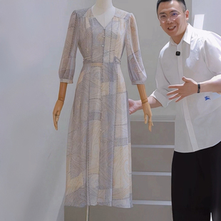 杰唯卡 度假风印花连衣裙2026夏季新款系带收腰显瘦七分袖气质裙