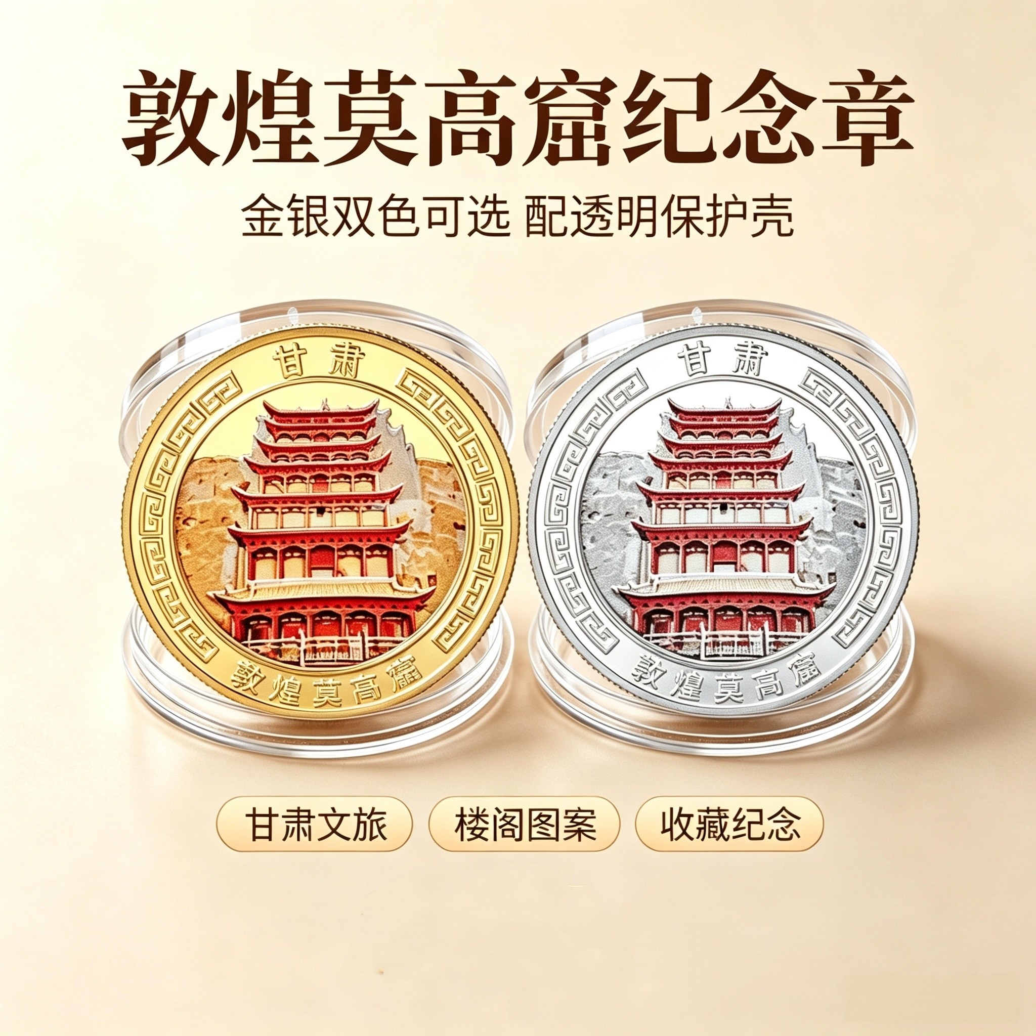 敦煌莫高窟九层楼纪念章甘肃文旅金属浮雕纪念章景区文创收藏礼品