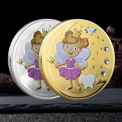 新款 牙仙子镶钻纪念币 儿童换牙奖励纪念章创意女孩礼物游戏硬币