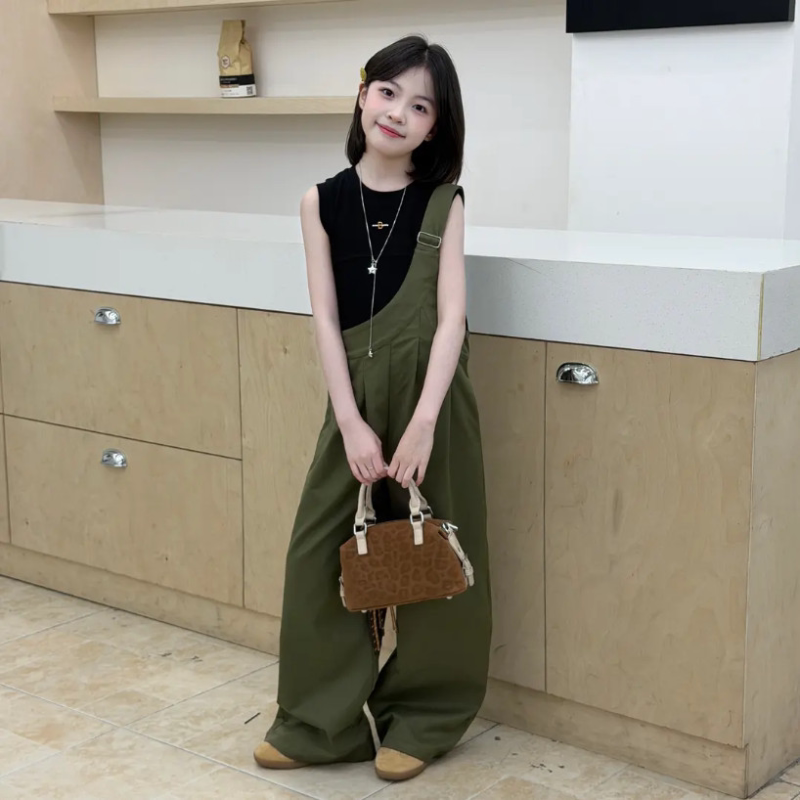 女童美式休闲套装2026年儿童背心斜肩背带裤女孩中大童夏装两件套