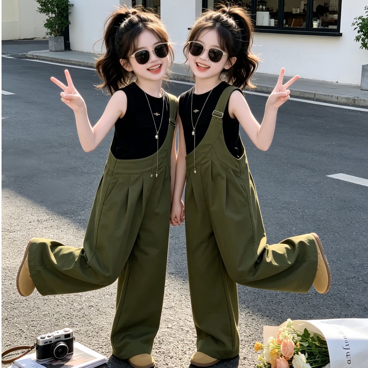 女童背心斜肩背带裤套装2026年中大童儿童韩版夏装无袖美式两件套图片