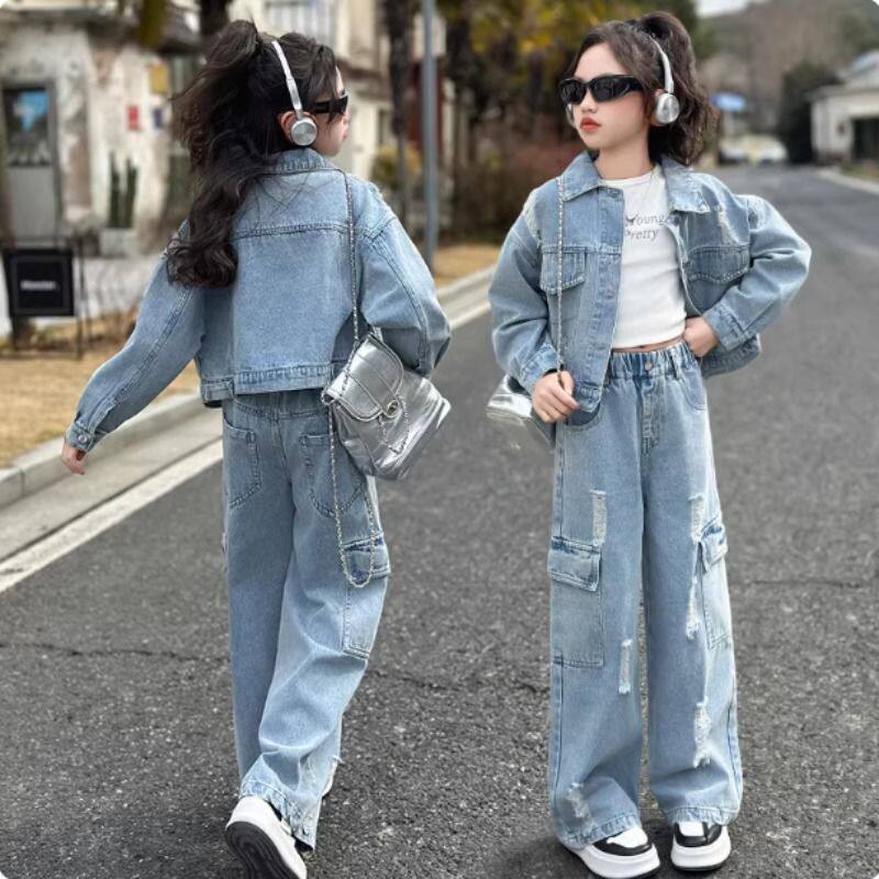 女童牛仔套装2026春季新款儿童外套破洞工装裤潮酷大童春装两件套