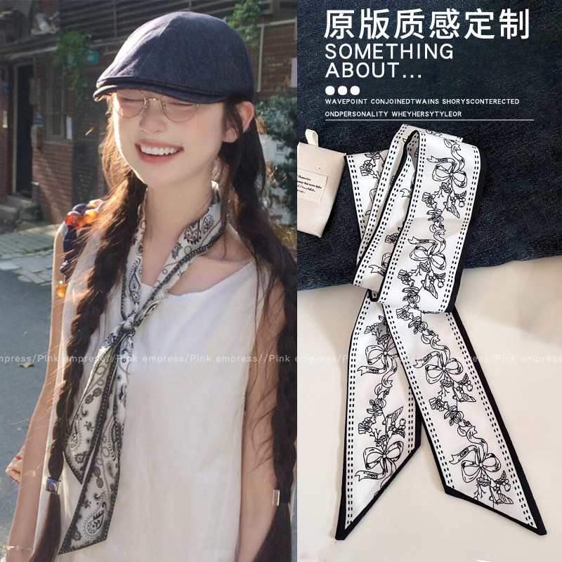白色蝴蝶结花卉丝巾女黑白简约长条飘带领巾细窄护颈配饰系脖颈饰