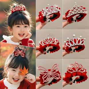儿童新年皇冠头饰发夹女童丸子头马尾扣发卡红色喜庆女孩过年发饰