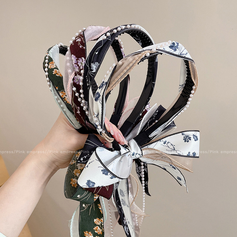 高级感碎花珍珠飘带发箍女夏季甜美法式头箍女高颅顶编发丝带发捆