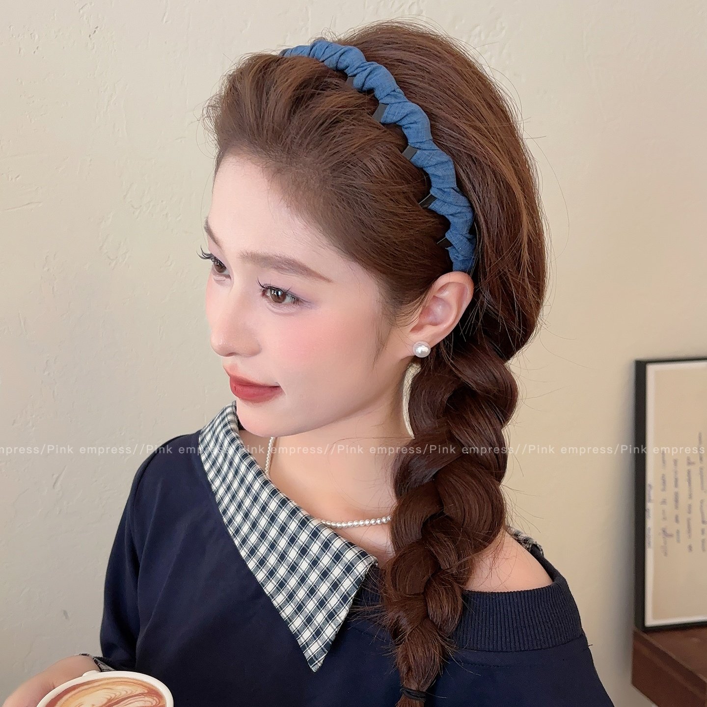 牛仔蓝波浪带齿高颅顶发箍女