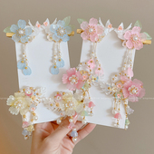 儿童超仙珍珠流苏发夹女童古风花朵头饰小女孩中国风古装 发卡步摇