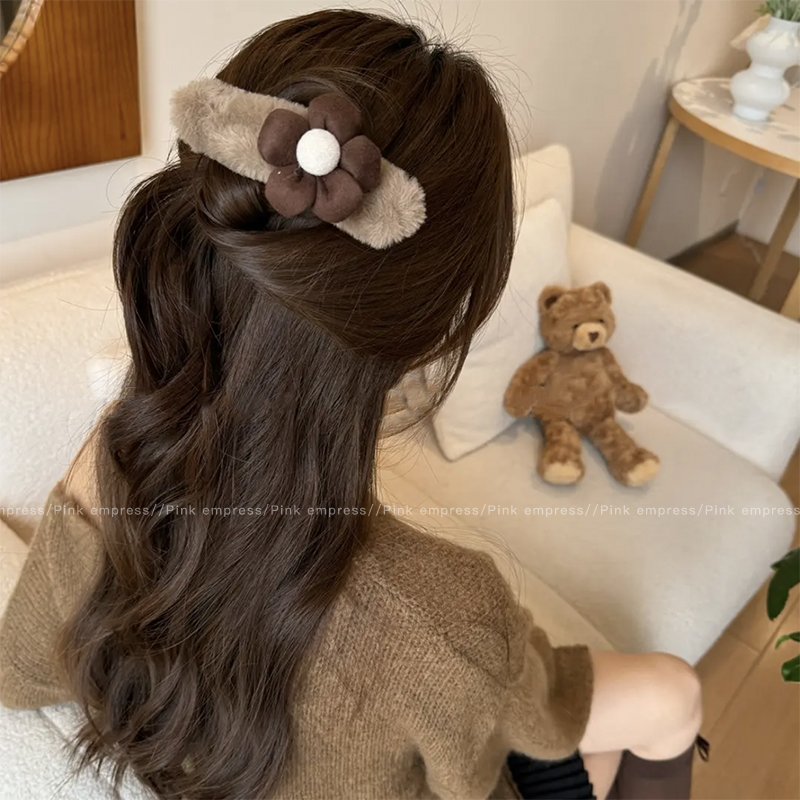 毛绒花朵鸭嘴夹大号一字夹发夹女