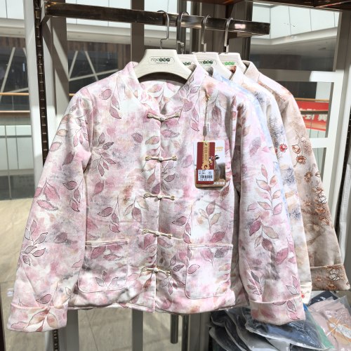 爱得唯2303中式国风羊毛棉袄女盘扣立领印花加厚保暖棉衣妈妈外套