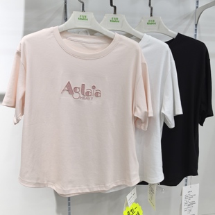 薰衣草2608字母刺绣T恤女95棉宽松圆领短袖 上衣夏新 百搭休闲半袖