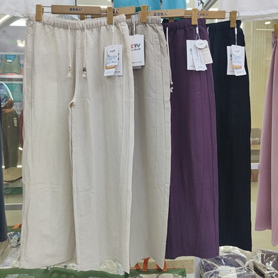 百依爱92506春夏新款女士亚麻直筒裤松紧腰抽绳休闲阔腿裤