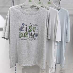 休闲圆领半袖 上衣 95棉宽松侧开叉短袖 薰衣草2620涂鸦印花T恤女