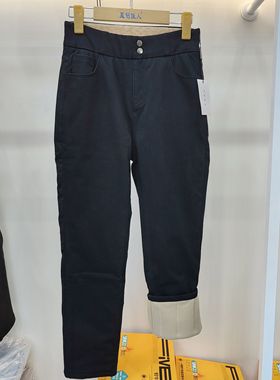 歌迪恋9222秋冬新款女士纯羊毛牛仔小直筒保暖裤高腰加绒加厚外穿