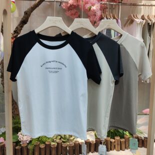 短袖 优布客5775春夏新品 棉质薄款 拼接字母时尚 T恤 女士圆领半袖