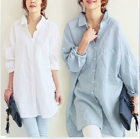 Spring and summer new shirt loose size long cotton hemp texture dress shirt