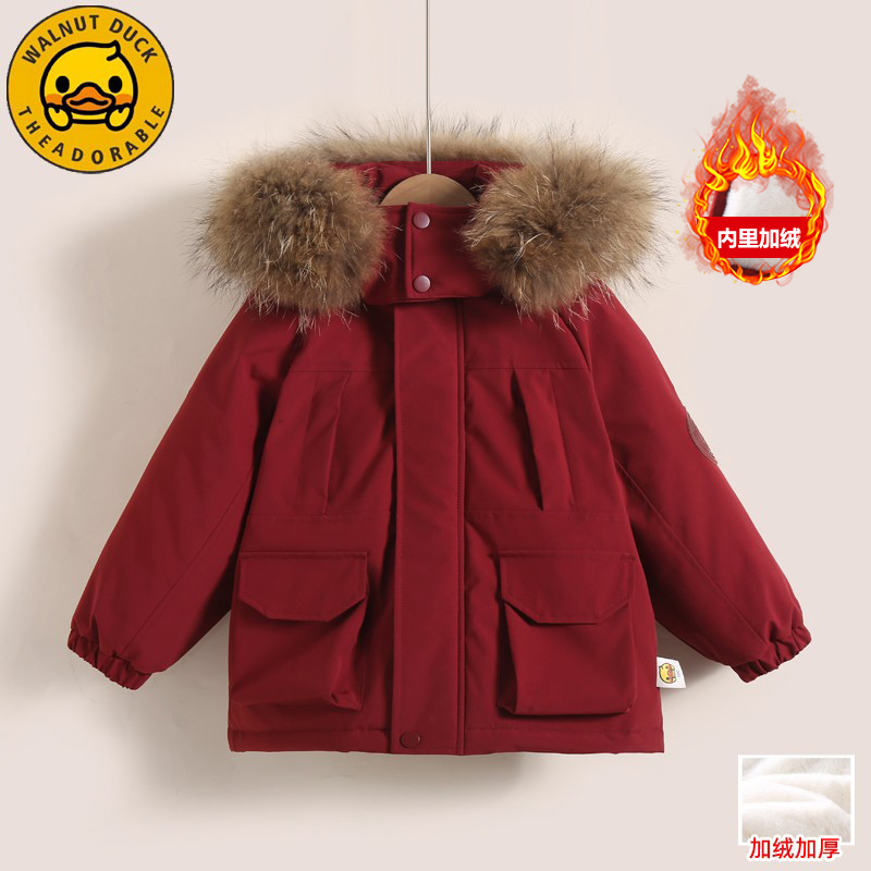 小黄鸭童装儿童加绒外套男童女童秋冬季派克服毛领中大童红色年服