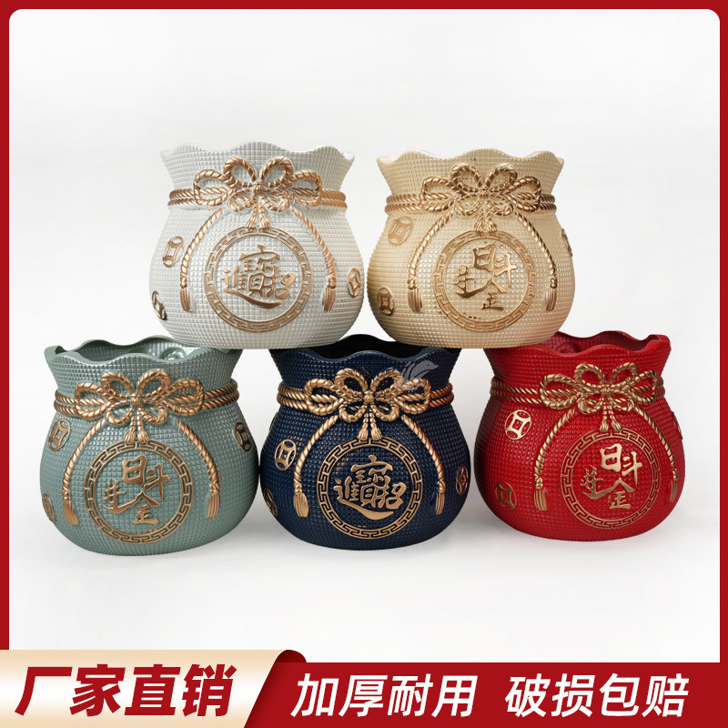 简约中式复古高级感树脂花盆大号福袋盆黑金刚橡皮树胖盆圆大花盆