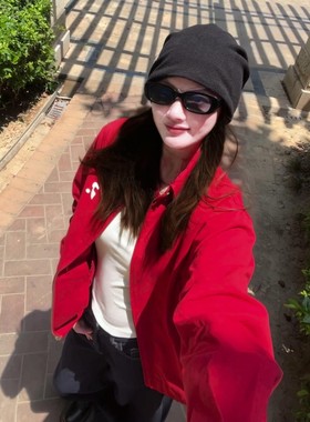 美式复古红色棒球服外套女春秋2025新款巨好看早秋季开衫夹克上衣