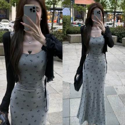 法式纯欲风蝴蝶结吊带连衣裙防晒罩衫套装女夏今年流行漂亮套装裙