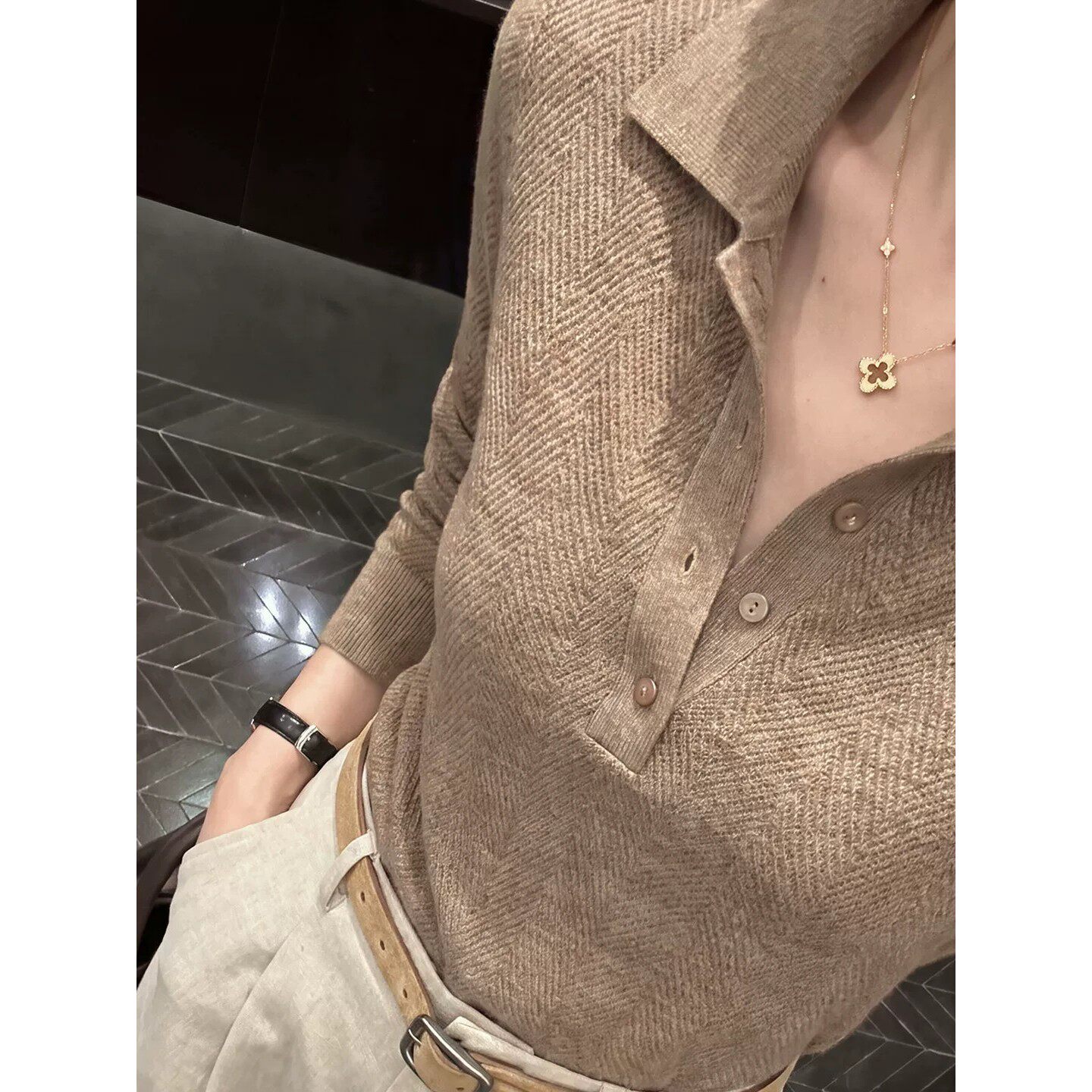 老钱风咖色polo领套头针织衫女秋冬内搭修身显瘦翻领打底毛衣上衣