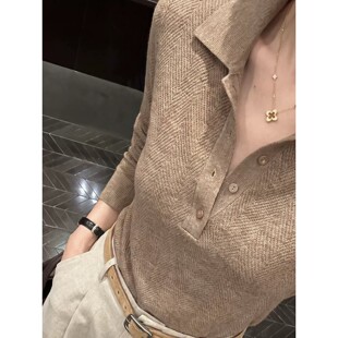 老钱风咖色polo领套头针织衫女秋冬内搭修身显瘦翻领打底毛衣上衣