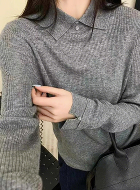 翻领纽扣亲肤秋冬羊毛内搭打底衫气质减龄灰色毛衣针织衫女士毛衫