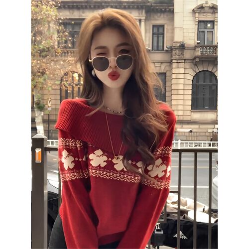 法式费尔岛新年红加厚毛衣女