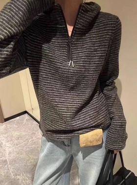 灰色条纹连帽拉链德绒内搭打底上衣女秋冬小个子修身磨毛长袖t恤