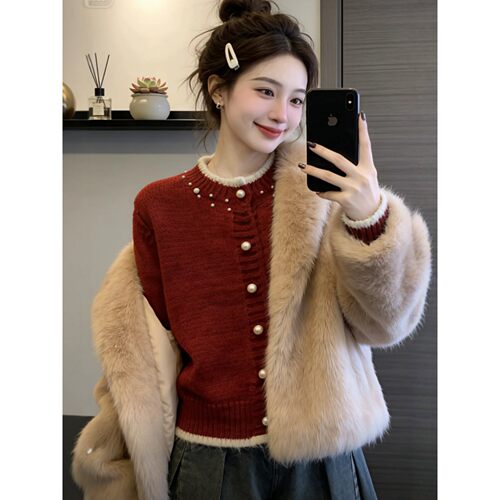 红色珍珠扣新年本命年女开衫