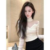 上衣 女微透网纱拼接长袖 秋冬法式 名媛绝美巨好看半高领蕾丝打底衫